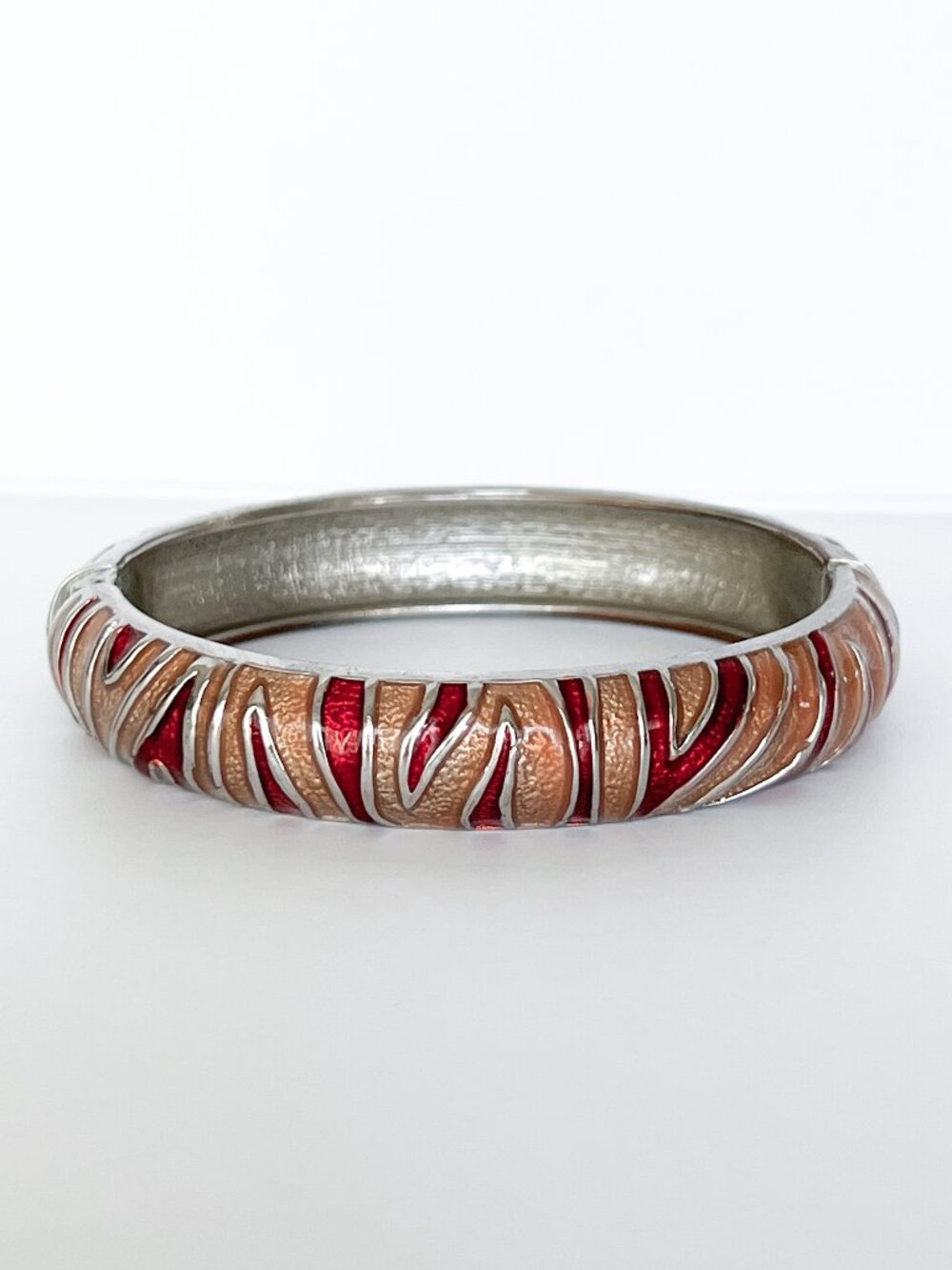 Silver Tone Red Peach Enamel Zebra Print Bangle Bracelet